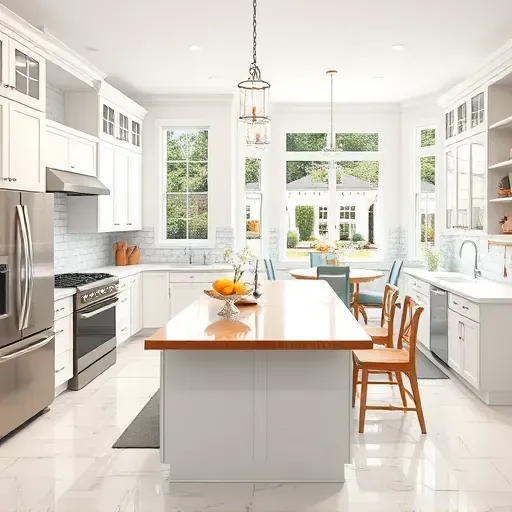 Modern kitchen in Pasadena MD featuring white cabinets granite countertops subway tile backsplash stainless appliances spacious island wooden breakfast bar pendant lighting bright natural light views of dining area and garden