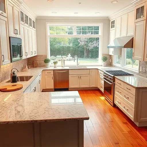 Beautifully restored Pasadena kitchen with granite countertops stainless appliances white cabinetry hardwood floors and garden view