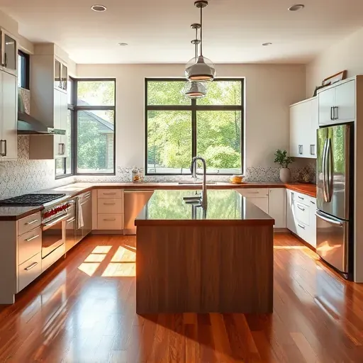 Renovated Derwood MD kitchen with granite countertops stainless steel appliances custom cabinetry hardwood floors and large windows