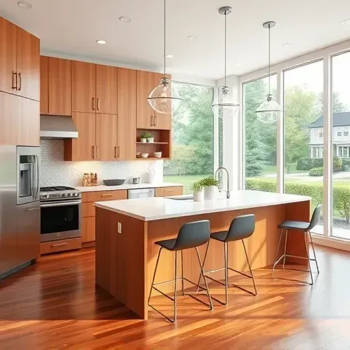 Modern open-concept kitchen in Pasadena MD with wood cabinets stainless steel appliances granite island pendant lighting large windows outdoor greenery