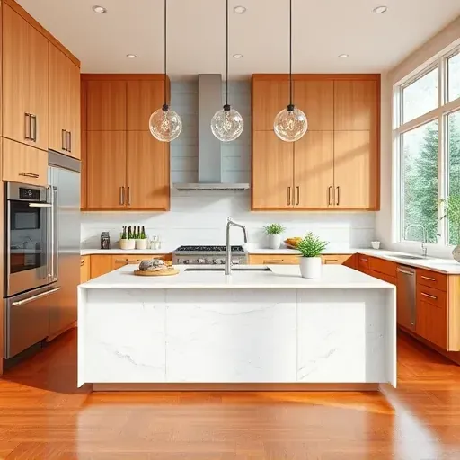 Remodeled Derwood kitchen with warm wood cabinets stainless steel appliances marble island pendant lighting polished hardwood floors and large windows