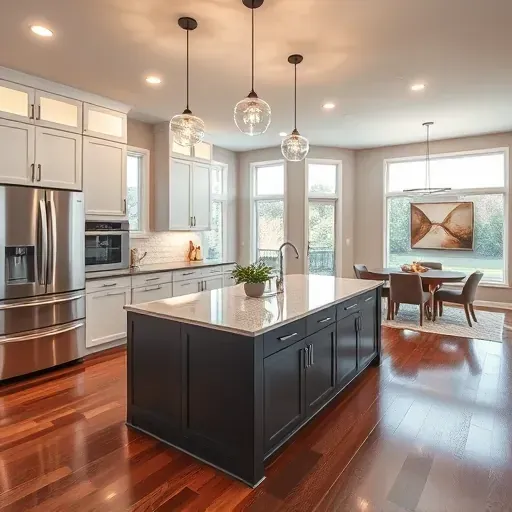 Modern kitchen remodel in Brandywine MD featuring sleek cabinetry, quartz countertops, bright pendant lights, and open floor plan.