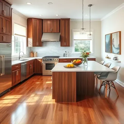 Modern kitchen remodel in Gambrills, MD with walnut cabinets, white quartz counters, and stainless appliances.