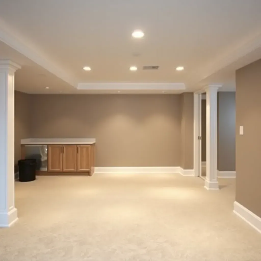Spacious Pasadena basement with exposed beams, polished concrete, cozy seating, modern bar, and organized recreation space.
