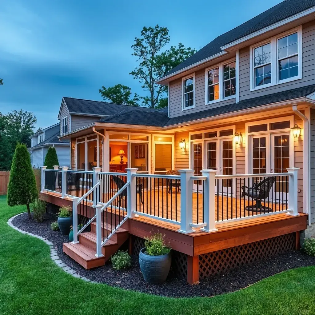 Deck Builder in Pasadena, MD showcasing a finished wooden deck, construction tools, lush greenery, and stylish homes.