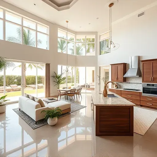 A beautifully remodeled living area in Jupiter, FL with high ceilings, modern furnishings, and natural light.