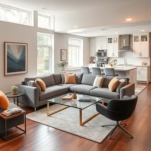 Sophisticated modern living room in Bethesda with hardwood floors, natural light, and stylish decor elements.