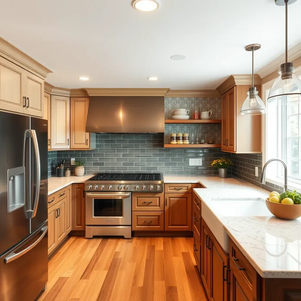 Modern Brandywine kitchen with warm wood cabinets, stainless steel appliances, granite counters, mosaic backsplash, and natural light.