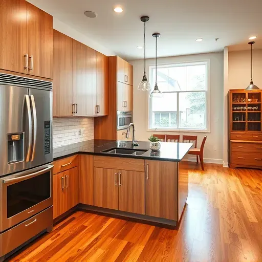 Modern kitchen with warm wood cabinets stainless steel appliances granite countertops subway tile backsplash hardwood floors and ample natural light
