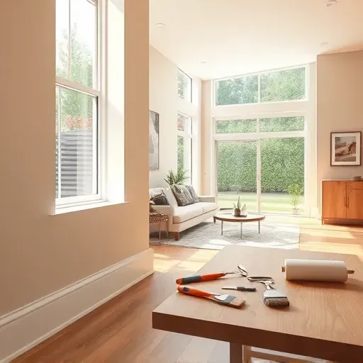 Interior room in Pasadena Maryland with freshly painted smooth neutral walls, natural light, modern decor, and organized painting tools