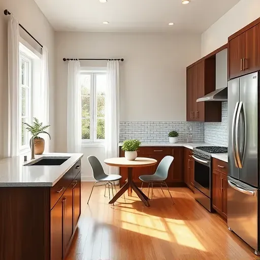 Modern kitchen remodel in Parkton MD with quartz countertops, dark wood cabinets, and a cozy dining nook.