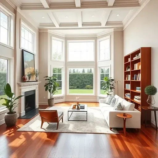 Beautifully remodeled living room in Woodbine MD with modern elegance, cozy fireplace, and large bay windows.