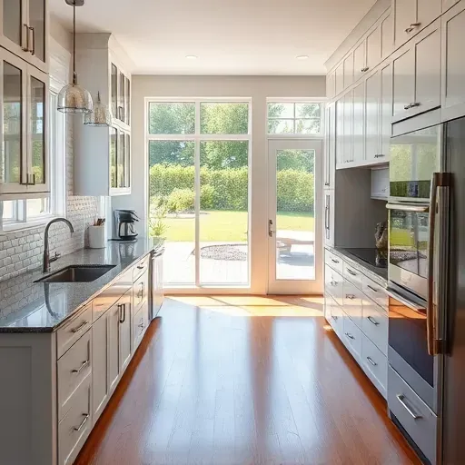 Renovated Phoenix MD kitchen with modern cabinetry granite countertops subway tile backsplash stainless appliances hardwood floors natural light lush backyard scene