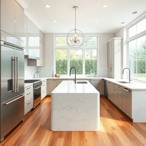 Luxury modern Pasadena kitchen with high-gloss cabinets marble countertops stainless steel appliances and hardwood floors
