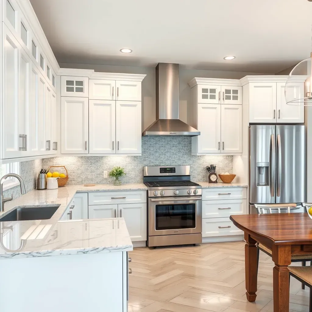 Modern kitchen in Phoenix, MD with white quartz countertops, dark wood cabinets, stainless steel appliances, and a marble-topped island.