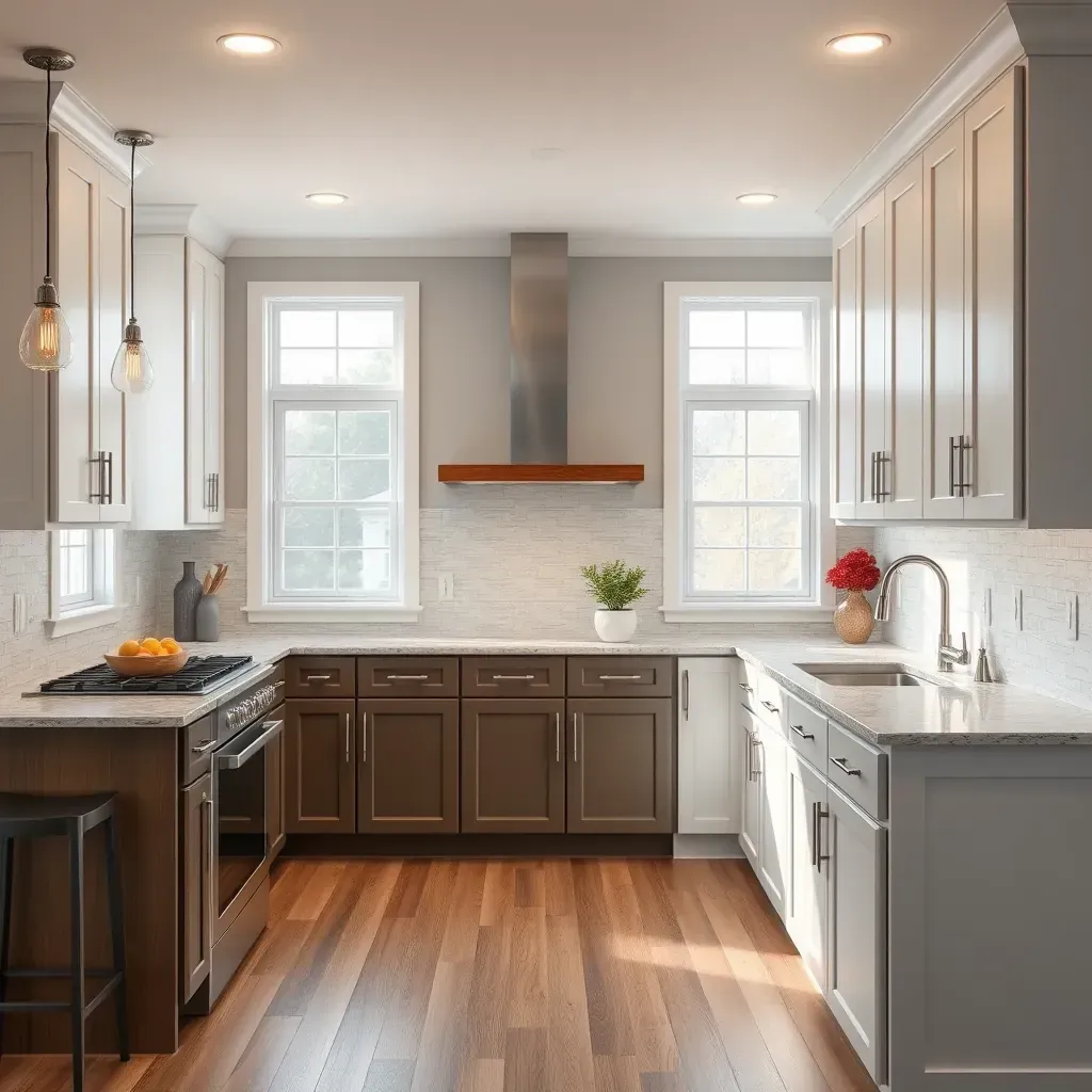 Modern Clarksburg kitchen with navy blue and wood cabinets, quartz counters, stainless appliances, and hardwood floors.