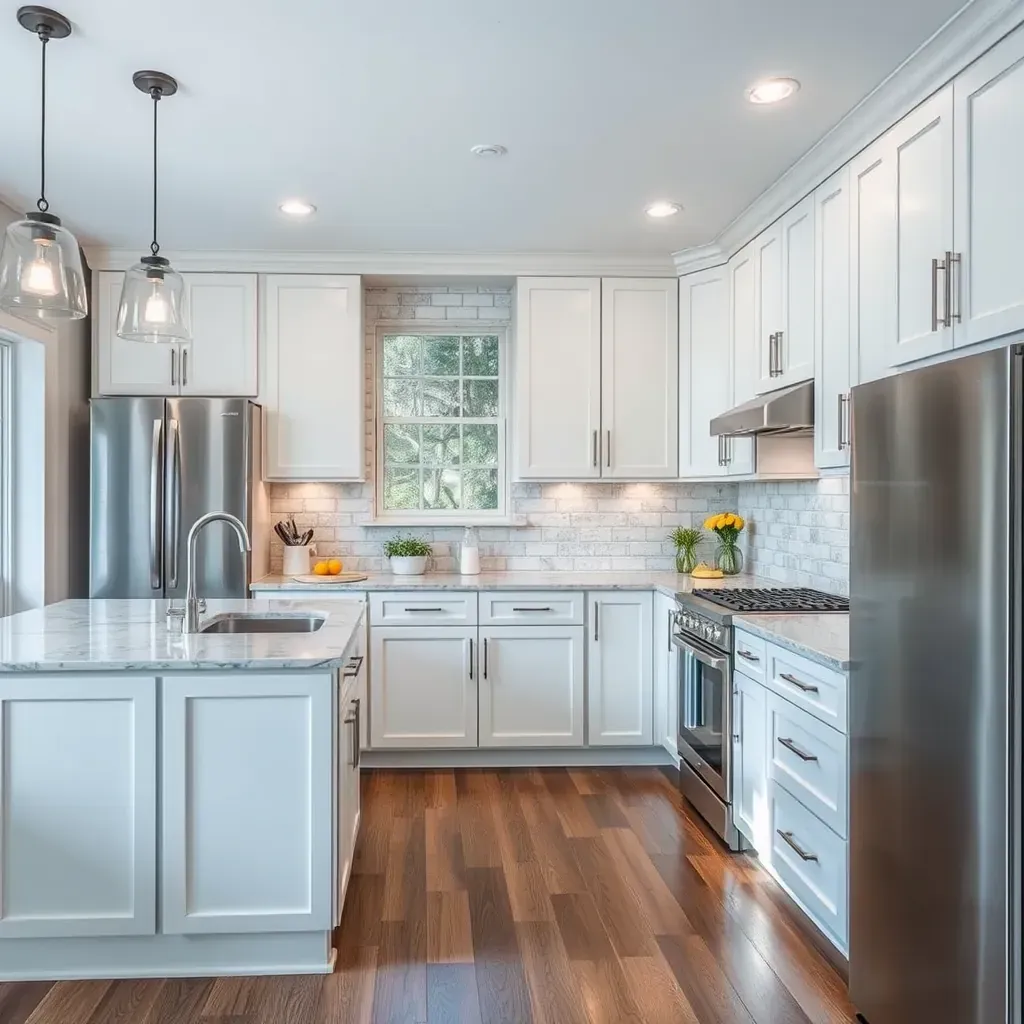 A modern Dayton, MD kitchen featuring sleek cabinets, stainless steel appliances, granite countertops, and stylish lighting.