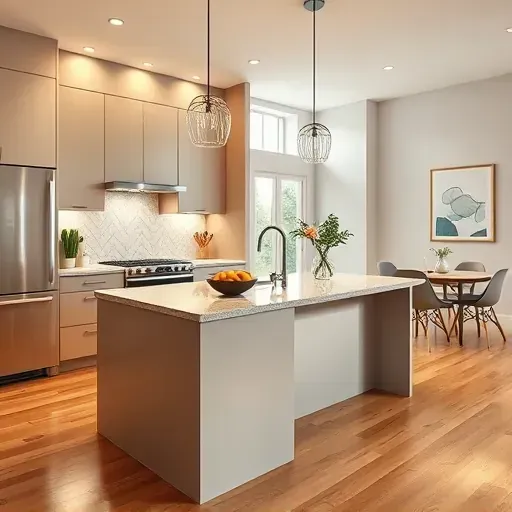 Remodeled Glenel MD kitchen with matte cabinets, granite island, stainless steel appliances, stylish backsplash, and hardwood floors