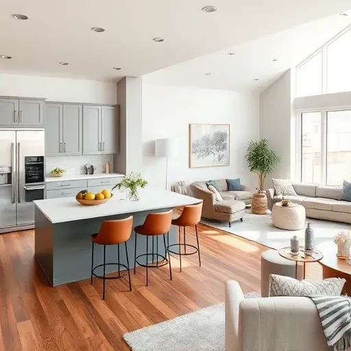 Modern kitchen and living area in Bowie MD featuring sleek appliances, custom cabinetry, and natural light enhancing design.