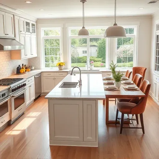 Modern kitchen remodel in Severna Park MD with stainless steel appliances, granite island, and natural light from large windows.