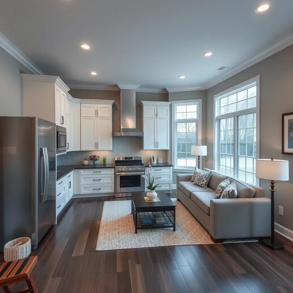 Modern Highland, MD kitchen with quartz countertops, white shaker cabinets, herringbone backsplash, and stainless-steel appliances.