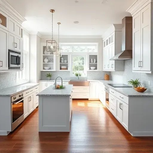Modern kitchen remodel in Huntingtown MD with white cabinetry, stainless appliances, granite island, and natural light.