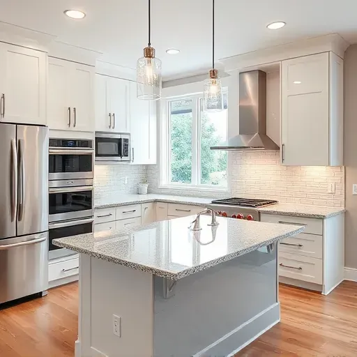 Beautifully remodeled modern kitchen in Silver Spring Maryland with sleek cabinetry granite countertops stainless steel appliances and natural light