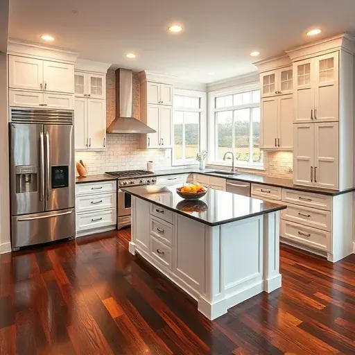 Stylish modern kitchen in Glen Arm MD with white cabinetry, dark granite island, and stainless steel appliances.