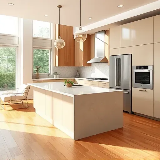 Modern renovated Welcome MD kitchen with sleek cabinetry, stainless steel appliances, granite island, and hardwood floors