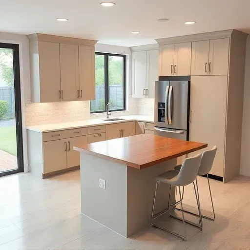 Remodeled Bowie MD kitchen with sleek matte cabinets, quartz countertops, stainless steel appliances, a wood island, and large windows