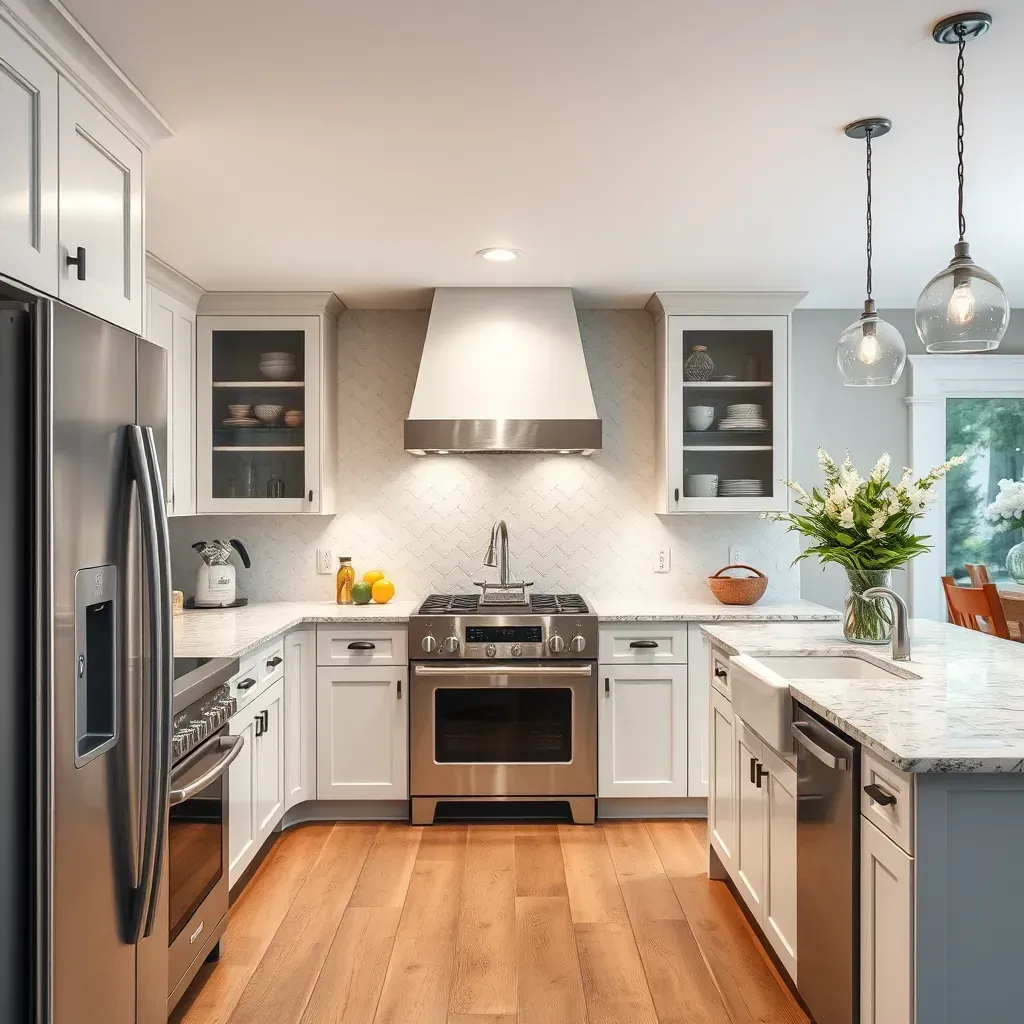 Modern kitchen remodeling in Welcome MD with sleek cabinetry, granite counters, stainless appliances, and hardwood floors.