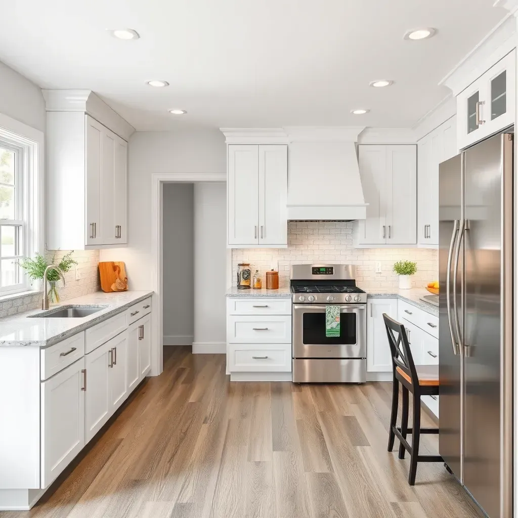 Remodeled Huntingtown, MD kitchen with sleek cabinets, quartz countertops, large island, stainless steel appliances, and hardwood floors.
