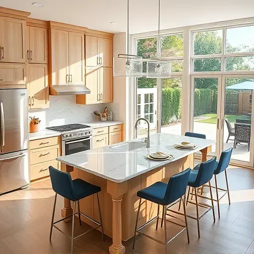 Renovated Severna Park MD kitchen with modern cabinetry, granite island, high-end appliances, and natural light