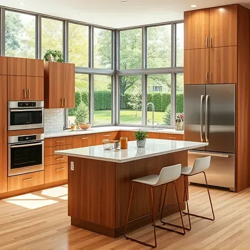 Modern kitchen remodel in Middletown MD featuring wood cabinetry, quartz countertops, and a bright inviting atmosphere.