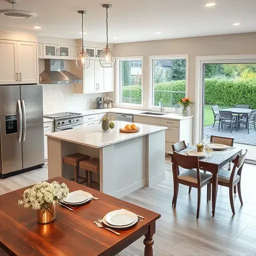 Modern kitchen remodel in Dunkirk, MD with quartz countertops, stainless appliances, and natural light from large windows.