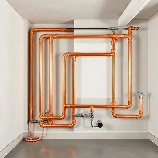 Complete polished copper plumbing installation in a Pasadena MD basement highlighting expert craftsmanship and organized piping