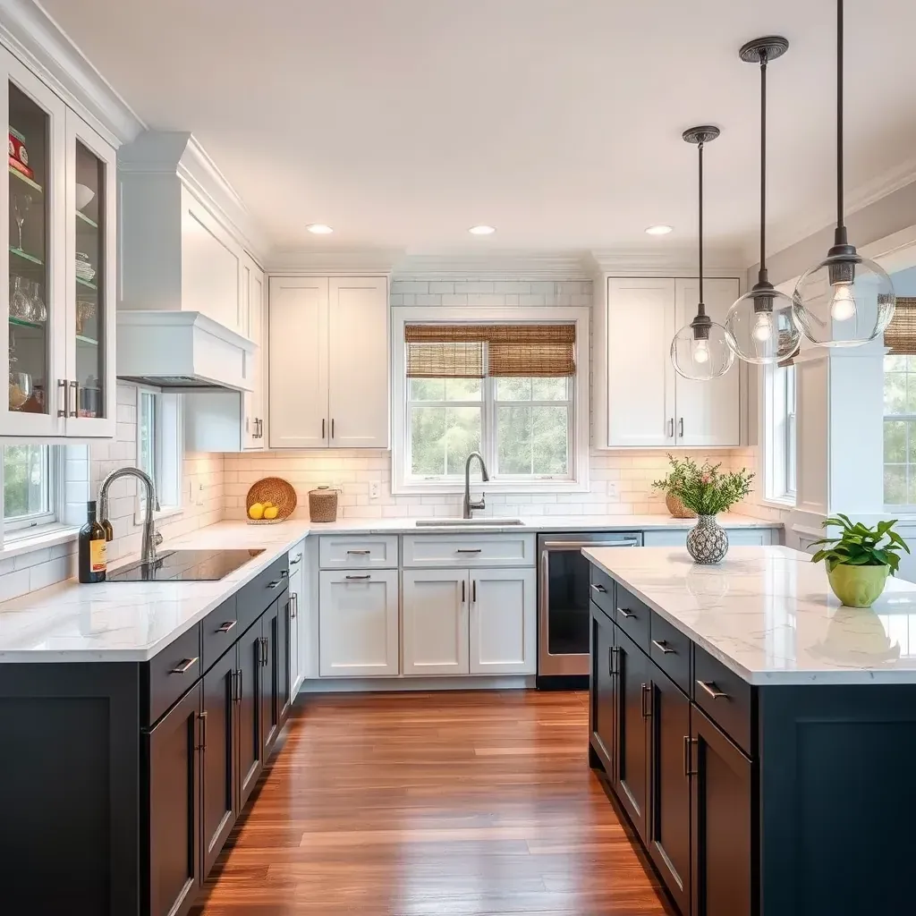 Modern kitchen in Middletown, MD with white shaker cabinets, gray granite island, stainless steel appliances, and hardwood floors.