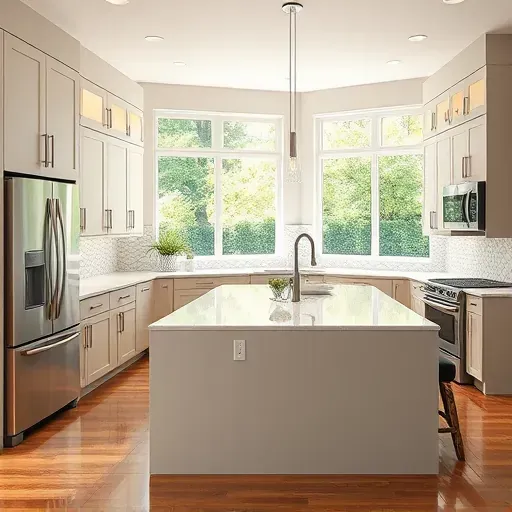 Remodeled Millersville Maryland kitchen with modern matte cabinetry stainless appliances quartz island mosaic backsplash hardwood floors and abundant natural light