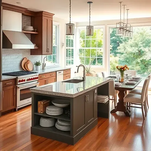 Modern Bethesda kitchen remodel with stainless steel appliances, polished granite island, and elegant decor.
