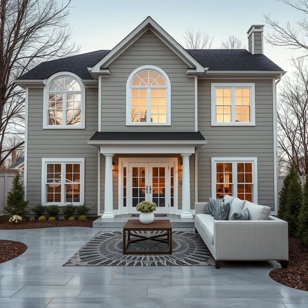 Modern Clarksville MD home exterior with fresh siding, stone accents, lush landscaping, renovation tools, and a renovated porch.