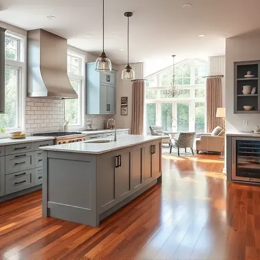 Modern Pasadena kitchen remodel with sleek cabinetry, granite island, stainless appliances, and natural light ambience