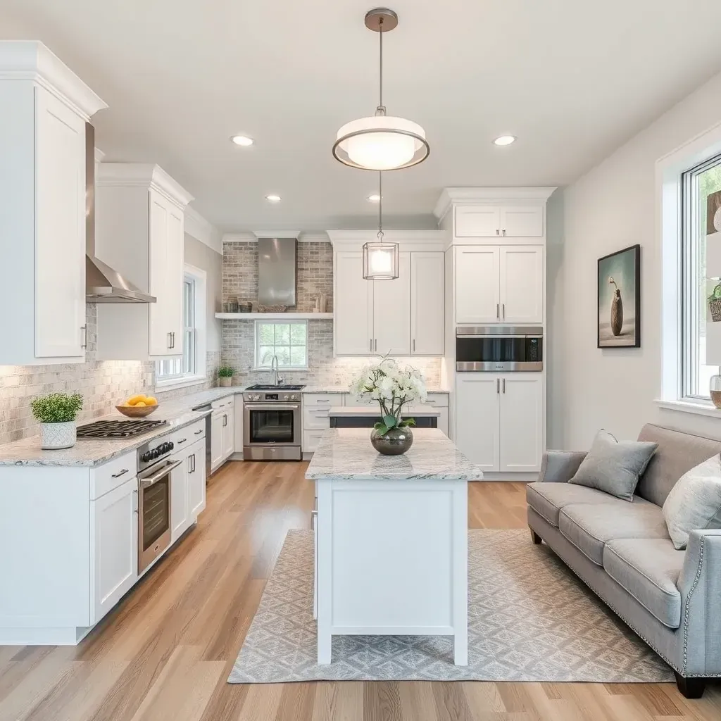 Close-up of a modern, renovated kitchen with sleek cabinets, granite countertops, and stylish lighting in Middletown, MD.