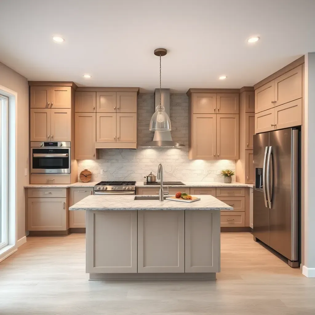 Modern Bowie, MD kitchen with dark wood cabinets, white quartz counters, stainless steel appliances, and natural light.