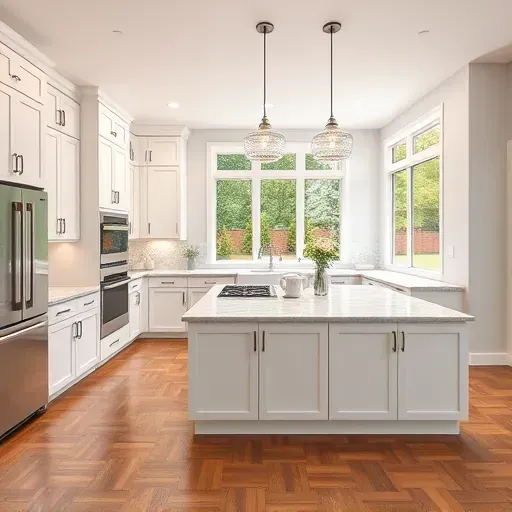 Modern remodeled White Marsh kitchen with white cabinets, marble island, high-end appliances, hardwood floors and natural light