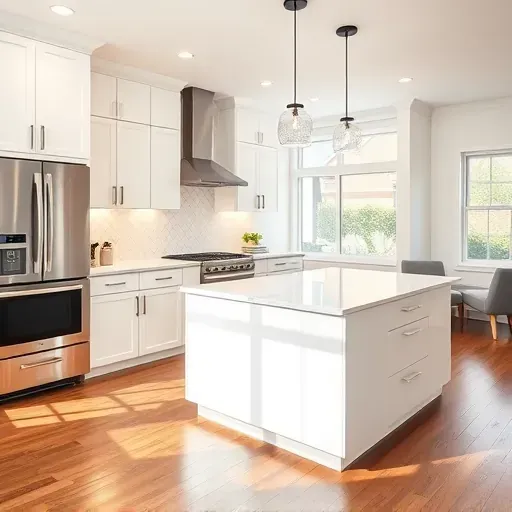 Remodeled White Marsh Maryland kitchen with white cabinets, quartz island, stainless steel appliances, geometric backsplash, and hardwood floors