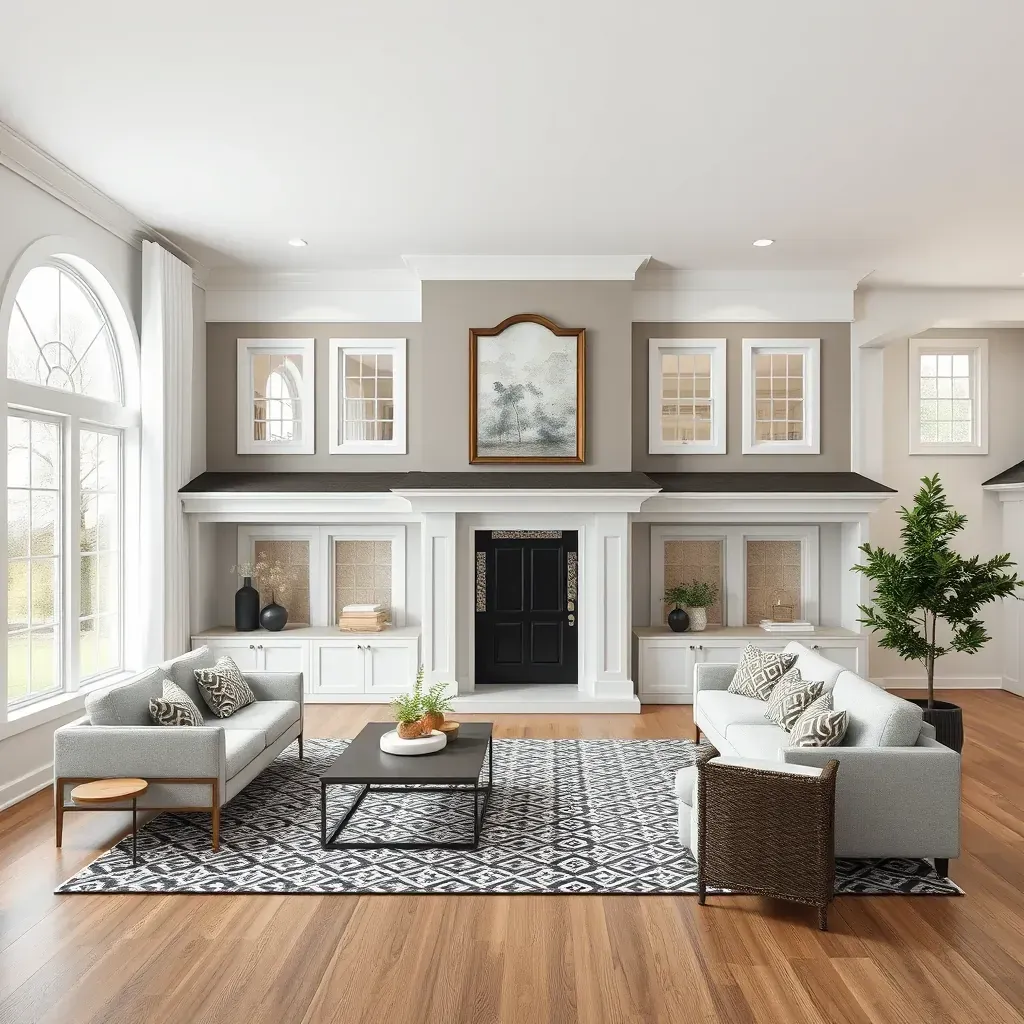 Modern Derwood home under renovation with new paint, cabinetry, hardwood floors, and a partially installed kitchen island.