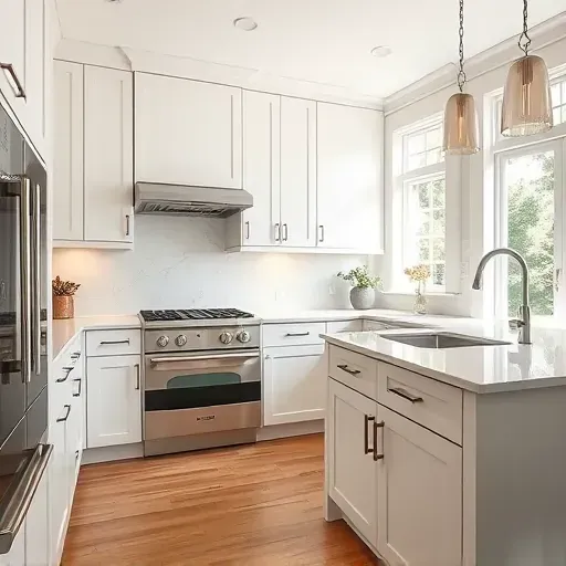 Completed high-end modern kitchen cabinet door in Pasadena Maryland with sleek cabinetry, polished surfaces, and elegant hardware