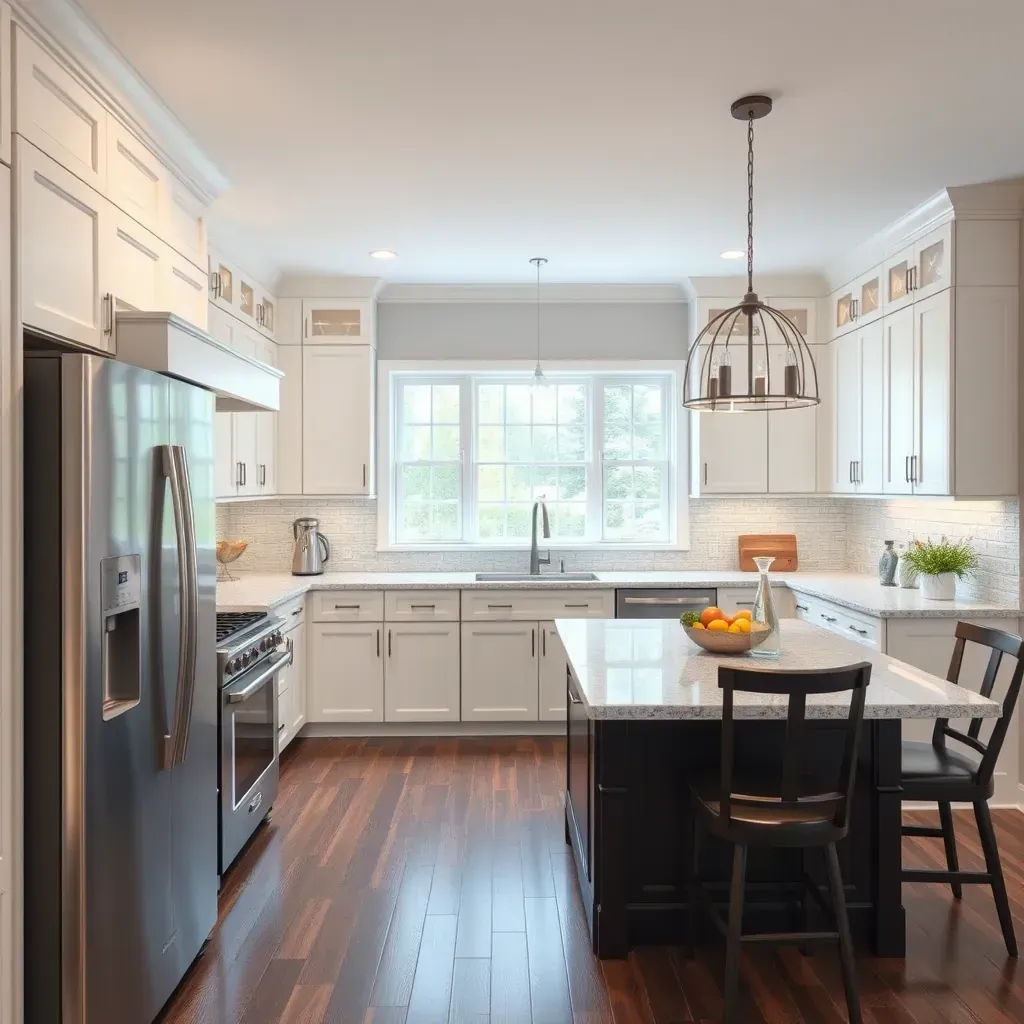 Modern kitchen in Marriottsville, MD with quartz countertops, white shaker cabinets, stainless steel appliances, and dark hardwood floors.