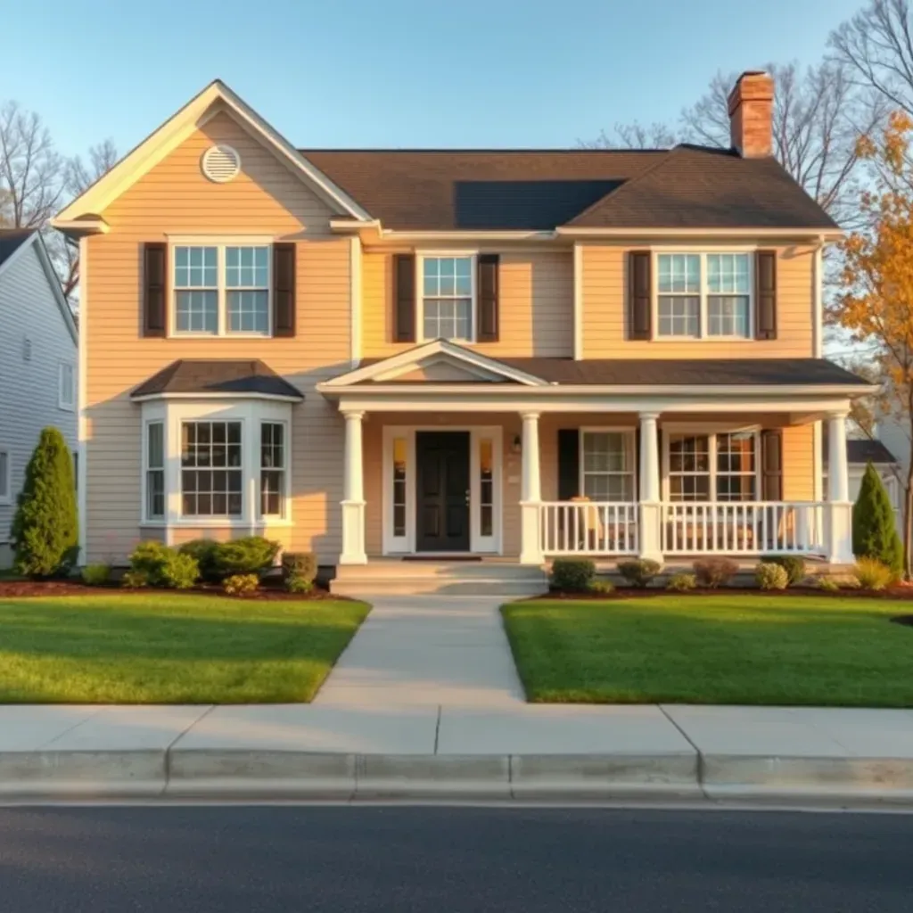 A home renovation scene in Welcome, MD featuring a traditional house with fresh white and navy siding, scaffolding, and construction materials.