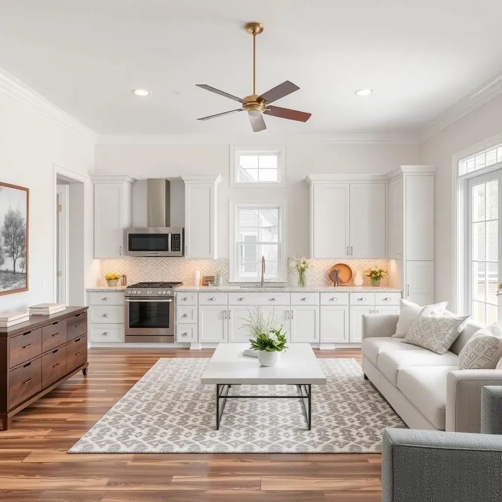 Spacious Phoenix kitchen with neutral walls, white subway backsplash, quartz counter, stainless steel appliances, and hardwood flooring.